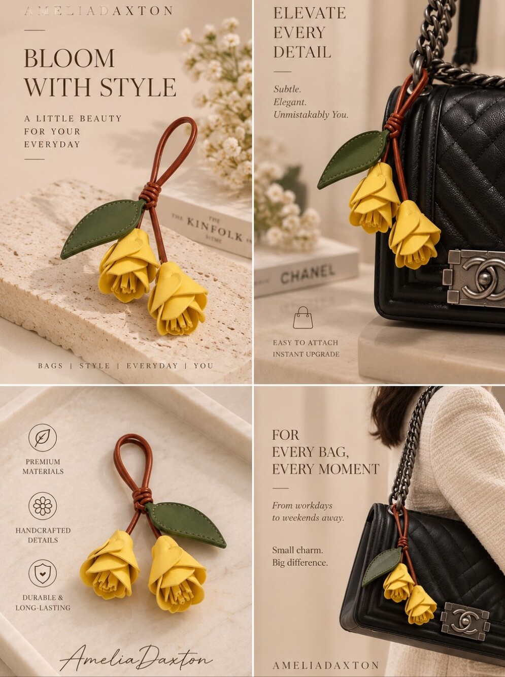 NEW Yellow Vegan Leather Double Flower Bag Charm Keychain